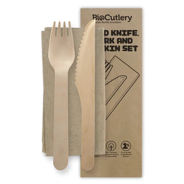 WOOD KNIFE, FORK AND NAPKIN SET 16CM QTY 400