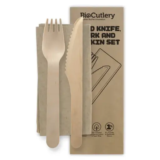 WOOD KNIFE, FORK AND NAPKIN SET 16CM QTY 400